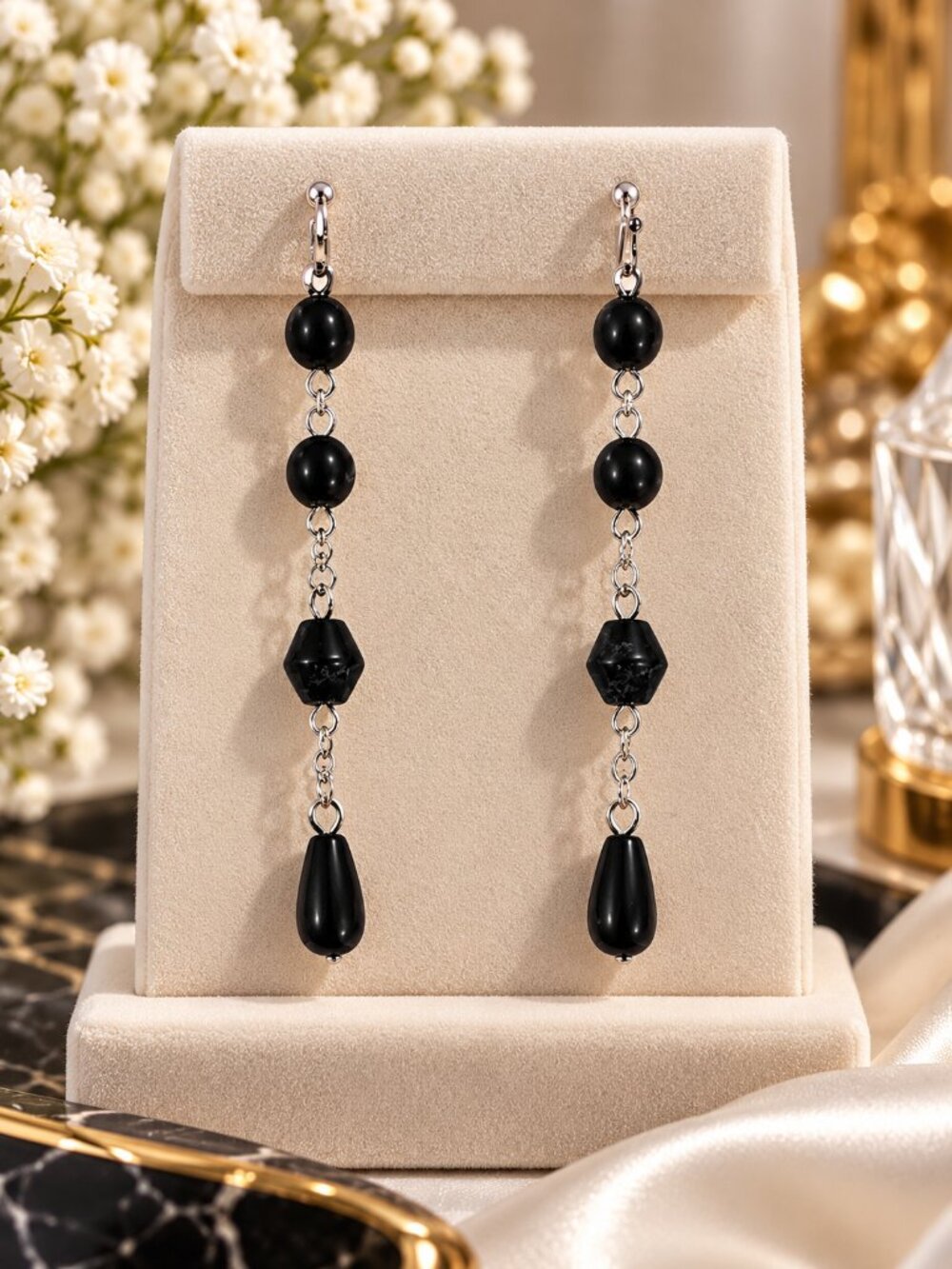 Black Beaded Long Drop Earrings Silver Tone Dangle - Women's Statement Jewelry
